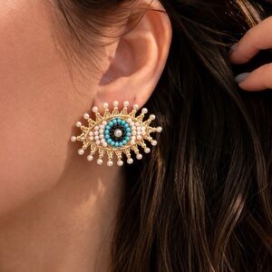 Evil Eye Statement Stud Earrings – Pearl Earrings Beaded Design